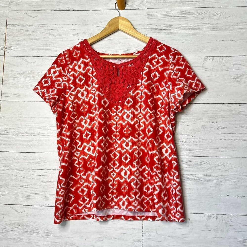 Charter Club Top Womens Size P/L Red & White Geometric Embroidered Chest Cotton - Picture 1 of 16